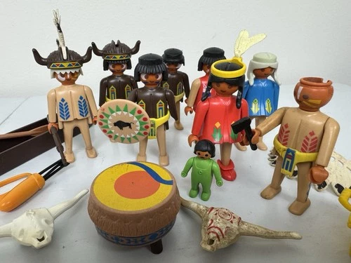 Vintage Geobra Playmobil Figure Lot 1974 Native Americans Indians Accessories