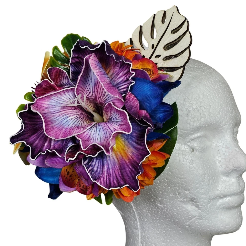 Fascinador de flores de cabelo tropical feito à mão Tiki Pinup flores coloridas burlescas - Imagem 2 de 4