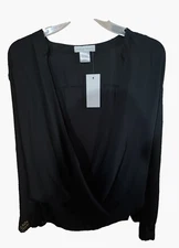 Black Sheer Blouse Jealous Tomato Surplice Neckline Crochet Trim Sleeve Medium