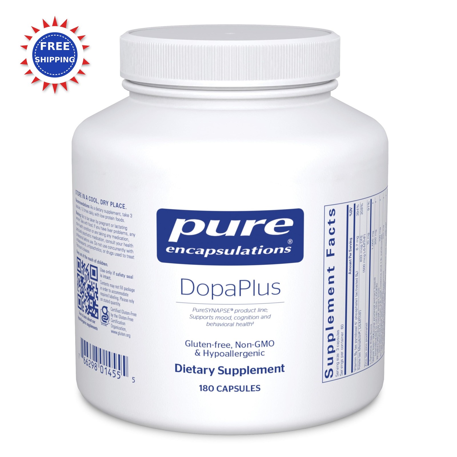 Dopamine Support Supplements 180 Capsules L-5-MTHF Pure Encapsulations DopaPlus