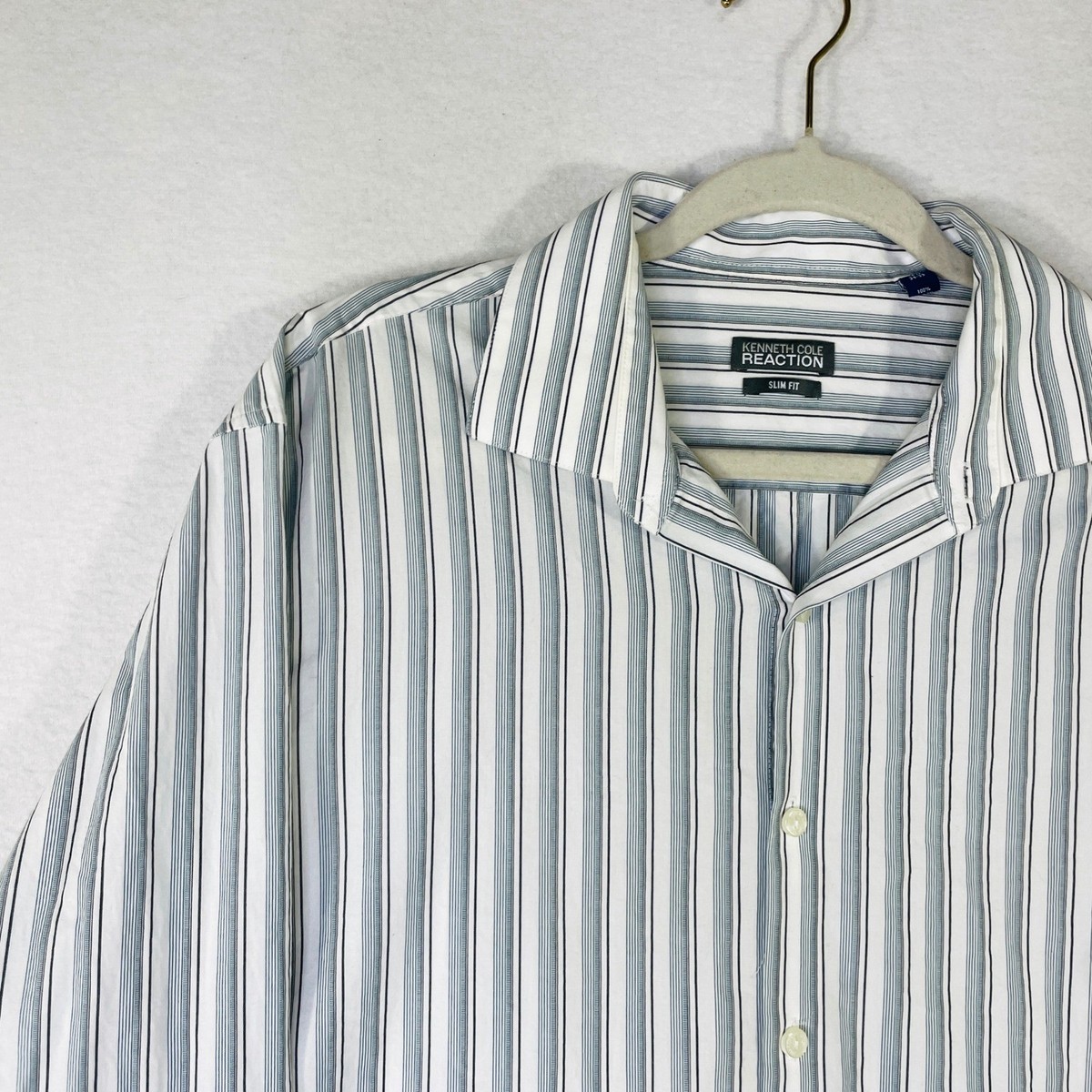 Kenneth Cole Reaction Mens Slim Fit Striped Dress Shirt Blue White 16.5  34-35 | eBay