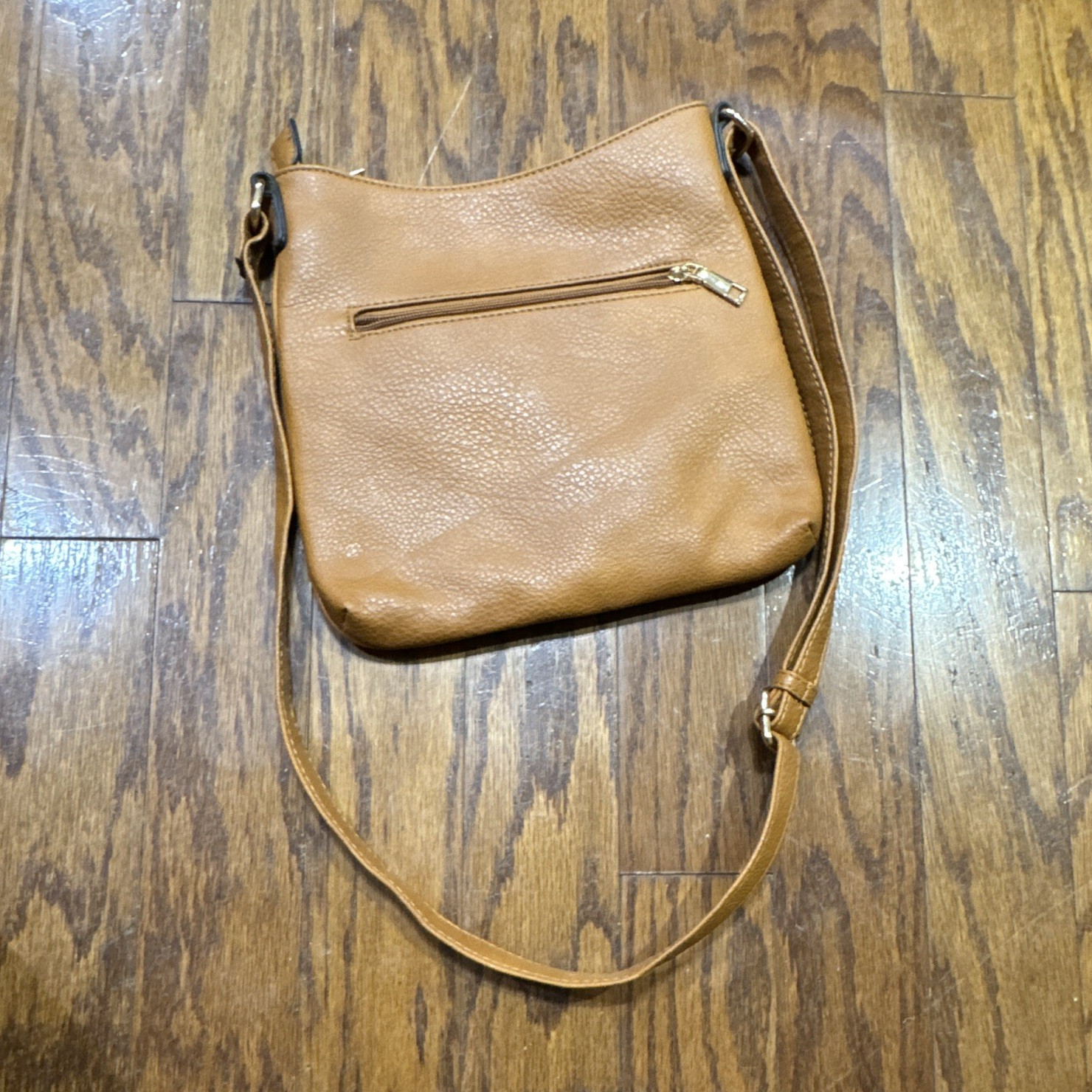 Tan Pebbled Crossbody Bag, Zip Closure, Adjustable Strap, Pockets, Lined