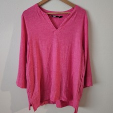 Lands' End Linen Split Neck Tunic Top Sz L Pink Pockets 3/4 Sleeve Lagenlook