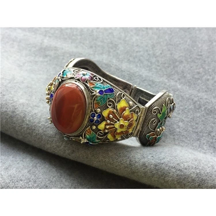 Brazalete abierto ajustable vintage de filigrana esmalte piedra roja joyería para mujer Foto 2 de 4