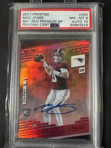 2021 Prestige Mac Jones #205 Signature Red Premium XP Rookie PSA 8 NM-MT Auto 10