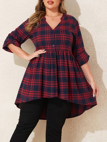 Übergröße Damen V-Neck Karohemd Longbluse Kariert Langarm Shirts Lose Bluse Hemd - Bild 4 von 7