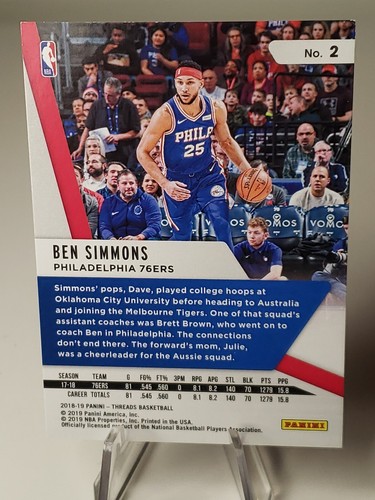 2018-19 Panini Threads Premium Blue /75 Ben Simmons 76ers NETS #2 - Imagen 3 de 3