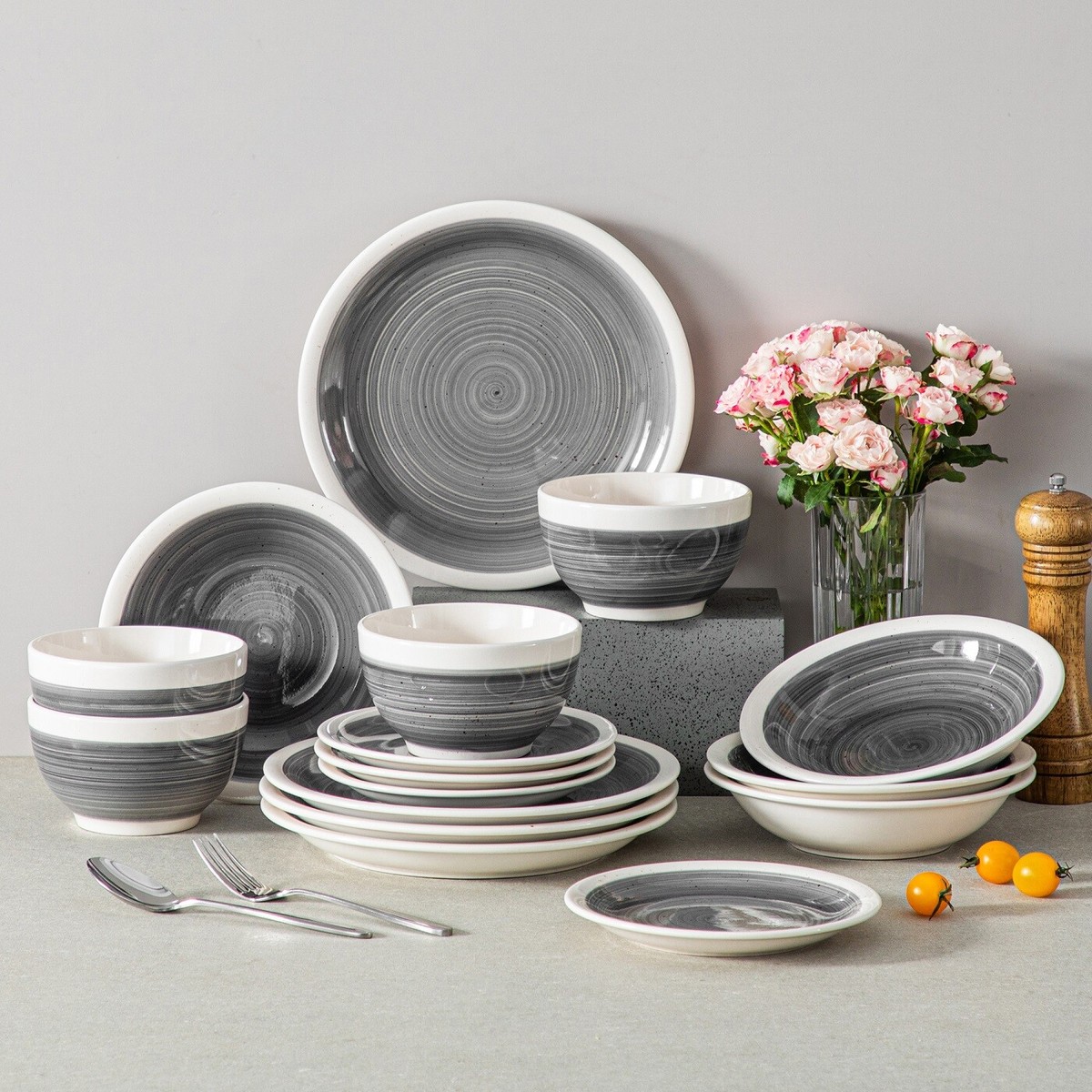 Grey Plate Set Grey Stone Dishware Set Kendra Dinnerware Set, Grey