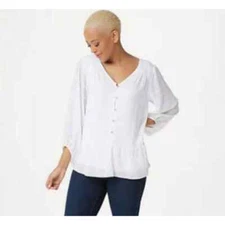 H by Halston Striped Button Front Top with Blouson Sleeves Reg 8 New A352404