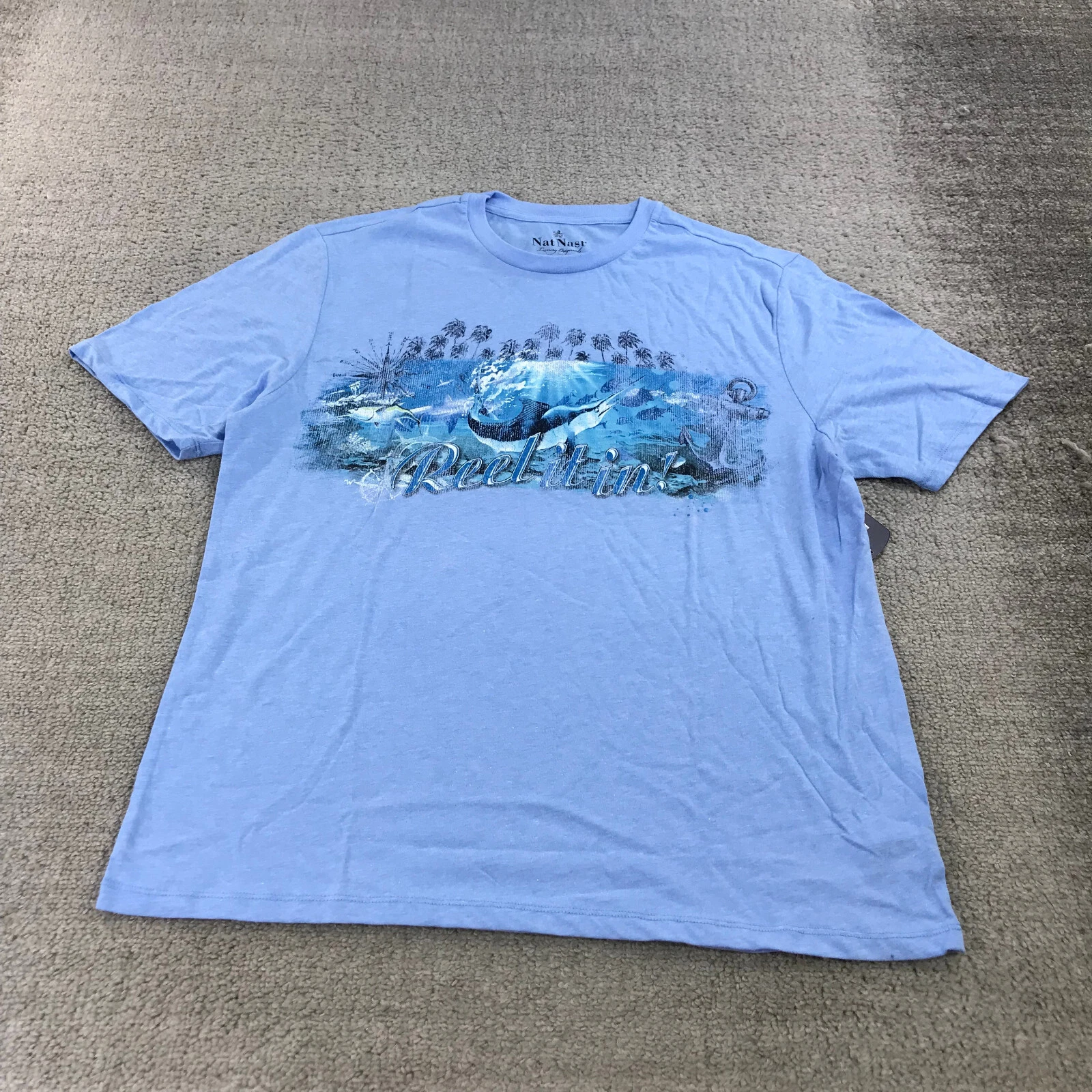 Nat Nast Shirt Mens Medium Crew Neck Good Times Hawaiian Camp Beer Island Blue