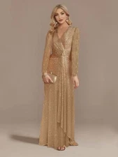 Luxury Long Sleeve V-neck Evening Dress Party Women's Sequins Dress Ball Gown