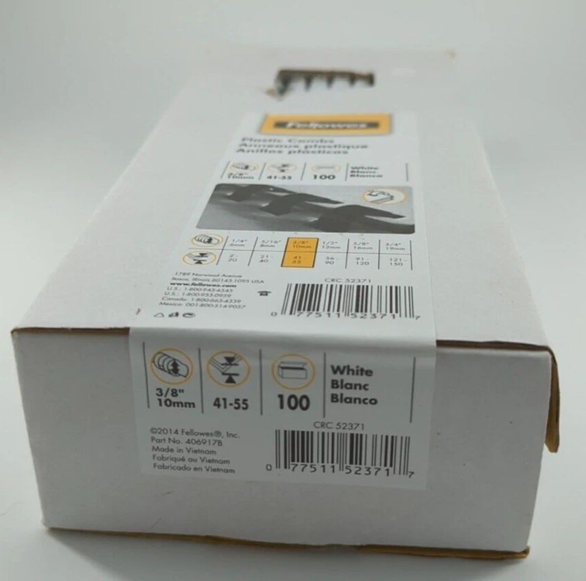 Fellowes Spines Plastic Combs 100 Pack Binder Clips White 3/8" Dia 41-55 Sheets - Image 4 of 4