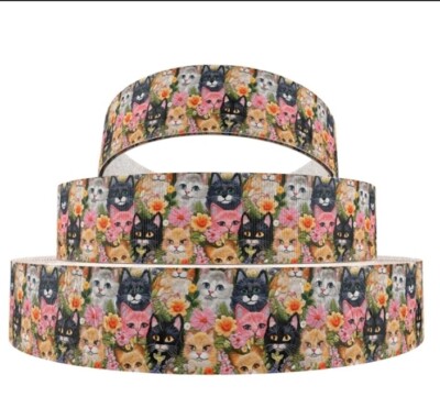 1 inch (1 yard) Cat kitty kitten 3D look flower Printed Grosgrain Ribbon 1237336