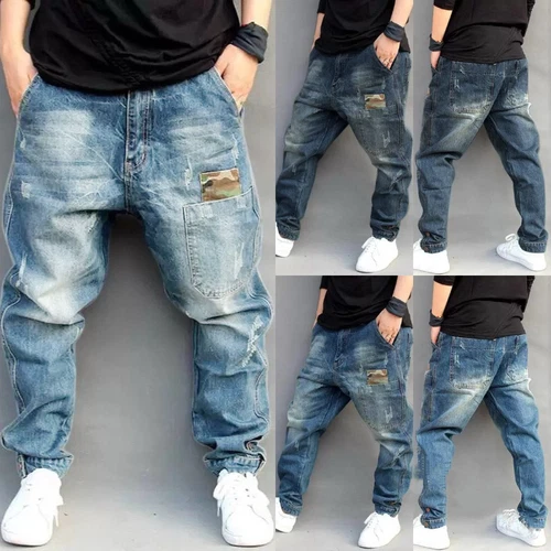 Pants Drop Crotch Distressed TrousersMens Denim Casual Loose Harem Jean Tapered - Bild 1 von 31