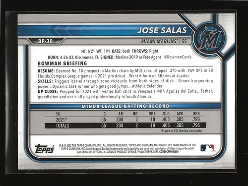 JOSE SALAS 2022 Bowman Prospects Base Card Miami Marlins (#BP-30) - Picture 2 of 2
