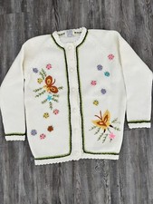 Sears 100 Acrylic Floral Women's Vintage Knit Cardigan Sweater Medium White G1
