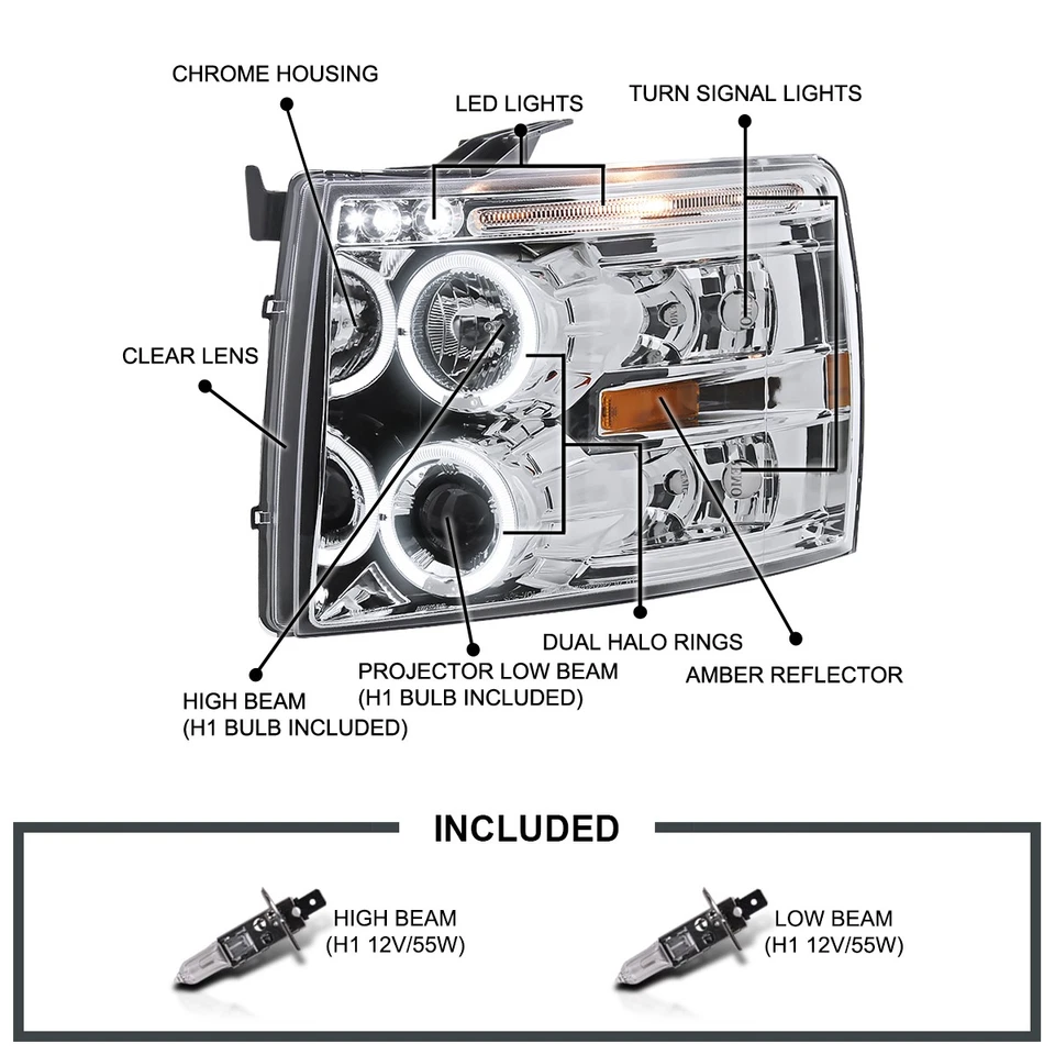 Fits 2007-2013 Chevy Silverado 1500 2500HD 3500HD LED Halo Projector Headlights Foto 3 de 4