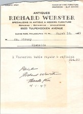 1949 Richard Wurster Furniture Repair Receipt Elkins Park PA Table Service
