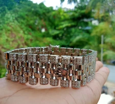 12 Ct Round Cut Real Moissanite Cuban Link Bracelet 14K White Gold Plated Silver