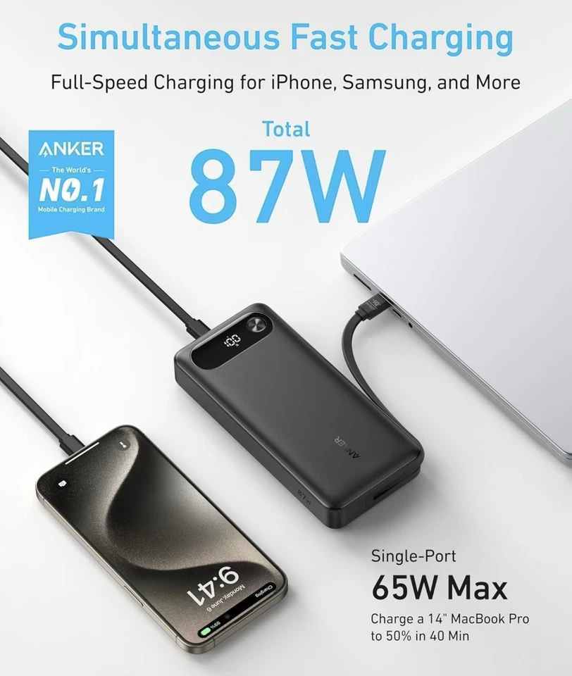Anker Power Bank, A1383, 20,000mAh Portable with Built-in USB-C Cable, 87W - Image 2 of 4