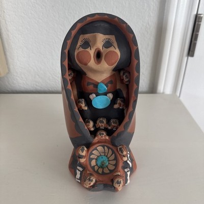 Jemez Pueblo Storyteller Artist Signed Caroline Sando 12 Children 8  Tall Heavy