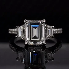 4.05TCW Emerald Cut Moissanite Three-Stone Engagement Ring Solid 14K White Gold