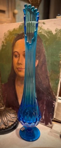 Vintage Fenton Glass Colonial Blue Thumbprint MCM Swung Vase  17” Original Label