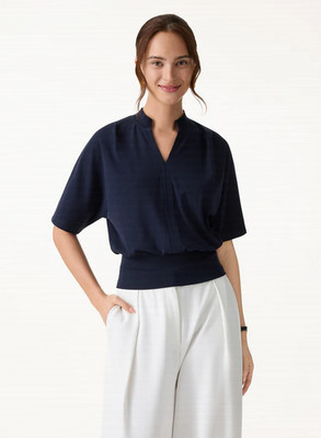 OGLMOVE Stand Collar V-Neck Short Sleeve Top, Navy (NEW)