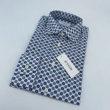 Eton Dress Shirt Mens M 15 3/4 - 40 Blue White Medallion Print Slim Fit Fomal