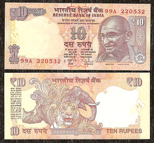 INDIA 10 RUPEES P102d  A  2012 x 1 Pcs UNC GANDHI TIGER RHINO DS SIGN BANKNOTE
