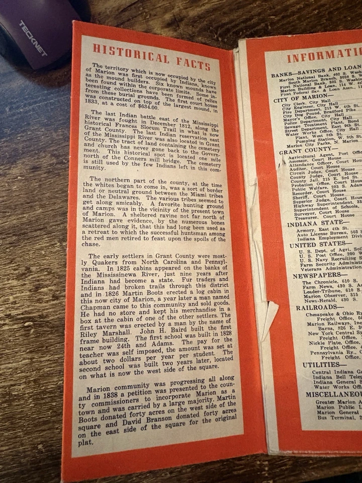 Mapa guía de la ciudad de Marion Indiana 1942 - Historia local de la Segunda Guerra Mundial - Departamento de Ingeniería Foto 4 de 4