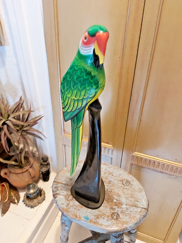 HAND CARVED WOODEN PAINTED PARROT JUST OVER 50cm TALL -GREEN - Picture 12 of 15