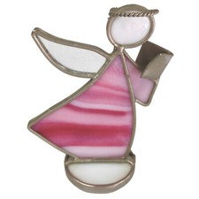 VINTAGE STAINED GLASS ANGEL with BIBLE / SUNCATCHER / PINK HAND-CUT GLASS