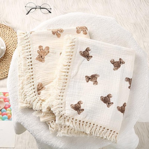 Cute Bear Muslin Squares Cotton Baby Blanket for Newborn Plaid Infant Swaddle Bl