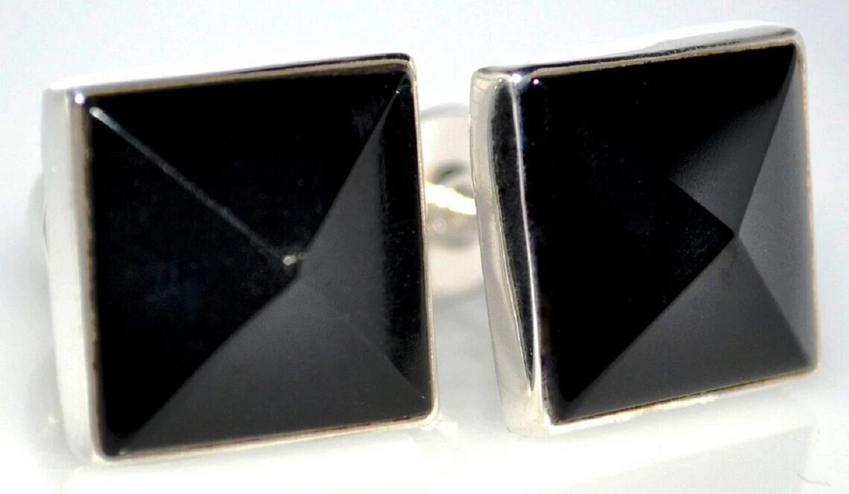 Natural Black Onyx Gemstone 925 Sterling Silver Double sided Cufflinks For Men's Foto 4 de 4