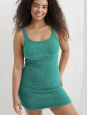 AERIE Dress L Green Fuzzy Sweater Dress Sleeveless Tank Bodycon Stretch NEW