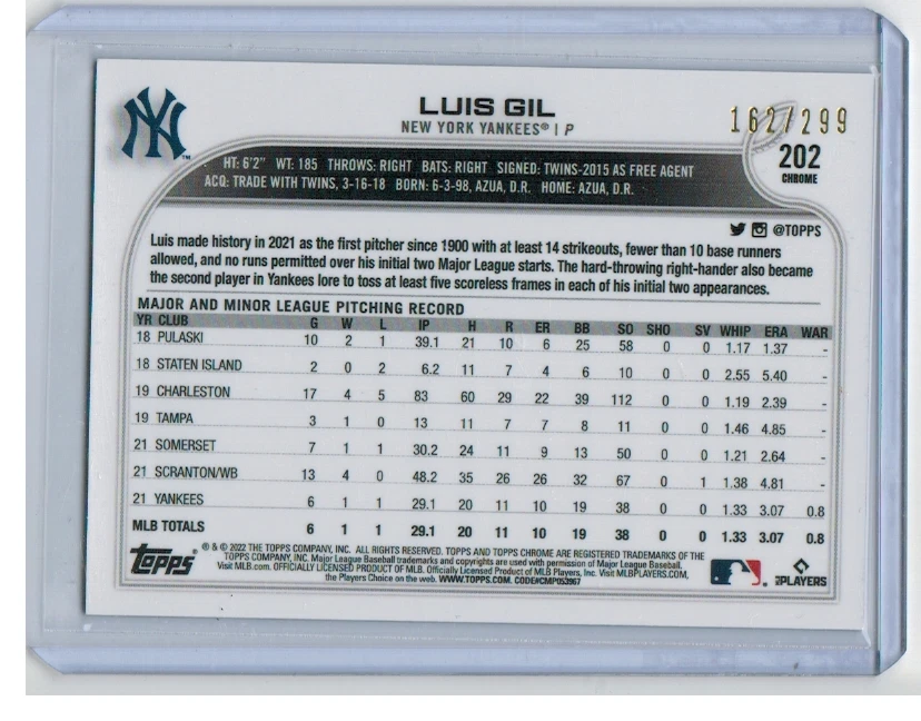 2022 Topps Chrome Purple Speckle /299 Rookie Luis Gil #202 - Image 2 of 2