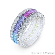 CZ Crystal Rainbow Anniversary Band 925 Sterling Silver w/ Rhodium Eternity Ring