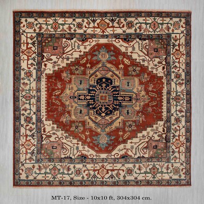 10x10 Square Rug Red Beige Classic Serapi High Quality Hand Knotted Wool Rug