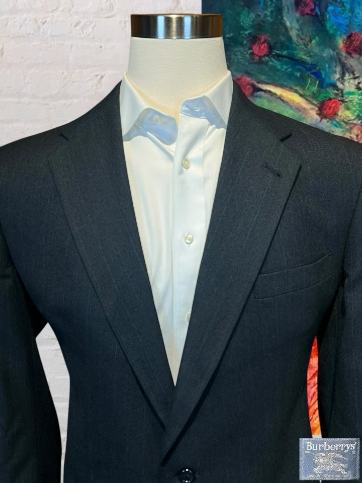 Traje Burberry G2U Vintage 42L 34x31 Gris Carbón Azul Cobalto Real Rayas Flann Foto 2 de 4