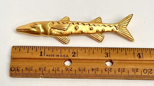 Vintage Gold Tone Long Fish Brooch Barracuda Pin Costume Jewelry