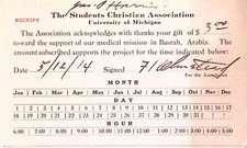 University of Michigan Students Christian Association 1914 Donation Receipt