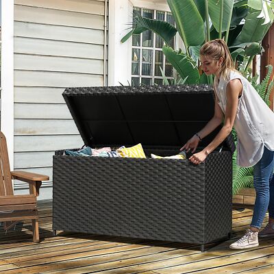 230 Gallon Large PE Rattan Wicker Deck Box Waterproof Outdoor Toy