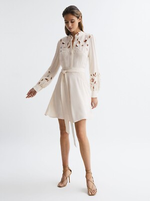 REISS CLARA FITTED LACE CUT-OUT IVORY MINI DRESS UK