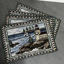 Holiday Christmas Tapestry Placemats Lighthouse Winter Sea Scene 17x12 Set of 4