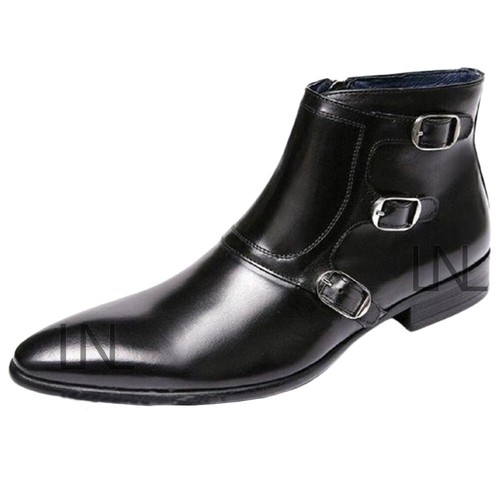 Men's Black Color High Ankle Triple Strap Genuine Leather Fashion Dress Boots eBay