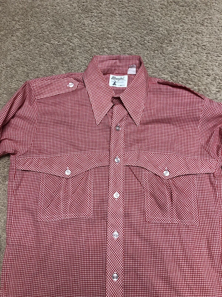 Monzini Collection Shirt Mens Red Gingham Retro USA 15 1/2 M Excellent Western - Image 2 of 4