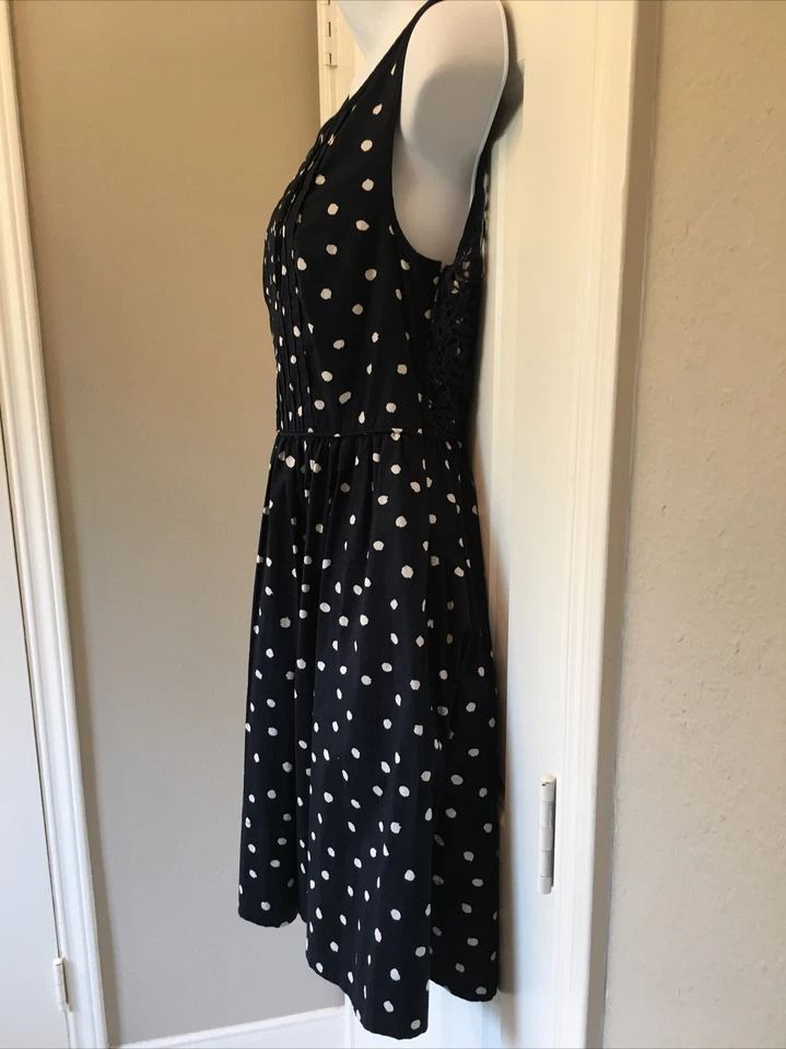 Anthro Moulinette Soeurs Sz 2 Fit Flare Dress Navy White Polka Dot Lace Back - Image 3 of 4