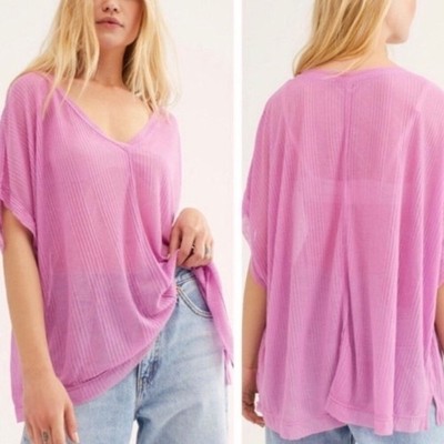 Free People Pink oversized Knit deep v Swing Top