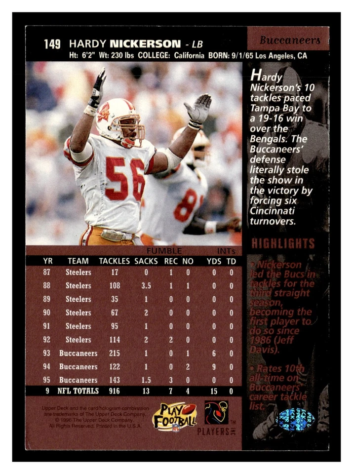 Hardy Nickerson #149 1996 Upper Deck Tampa Bay Buccaneers - Image 2 of 2